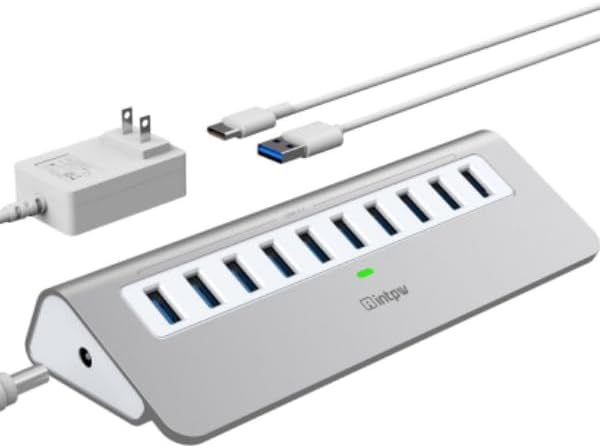 Powered USB Hub, intpw 10 Port USB 3.1 Hub with 10Gbps Data Transfer, 36W(12V/3A) Power Adapter, USB Type A and Type C Cable, Aluminum USB Hub for Laptop, MacBook and Desktop Computer