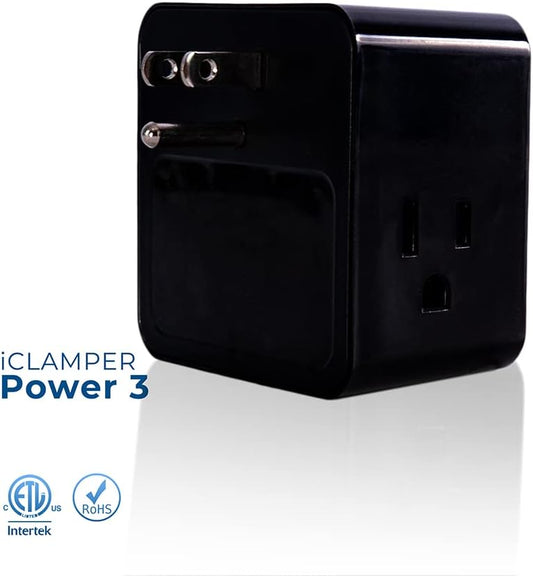 Clamper 3-Outlet Surge Protector 1800 Joules, 1875W, for TV, PC, Xbox, PS5, Refrigerators and Other Appliances (Compact Wall Surge Protector), iCLAMPER Power 3, 1-Pack Black