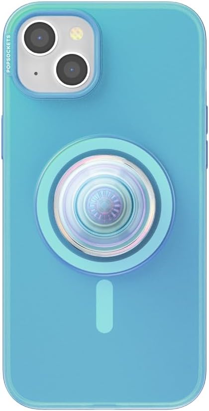PopSockets iPhone 15 Plus Case with Round Phone Grip Compatible with MagSafe, Phone Case for iPhone 15 Plus, Wireless Charging Compatible - Blue Opalescent