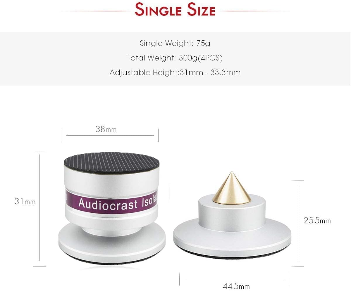 Tertullus 4 Pcs Aluminum Speaker Spike+Speaker Isolation Feet Top Pad Turntable Isolation Feet for Amplifier Speaker Turntable Player Subwoofer Silver