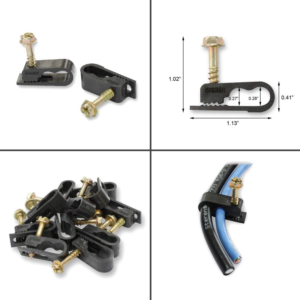 STEREN Coaxial Cable Clips - Cable Holder - Siding Clips for Hanging - Cord Holder for Desk - Cable Clamps - Cord Clip - Wire Organizer Clips - Tv Mount Screws (Black, 100 Count - Dual Screw)