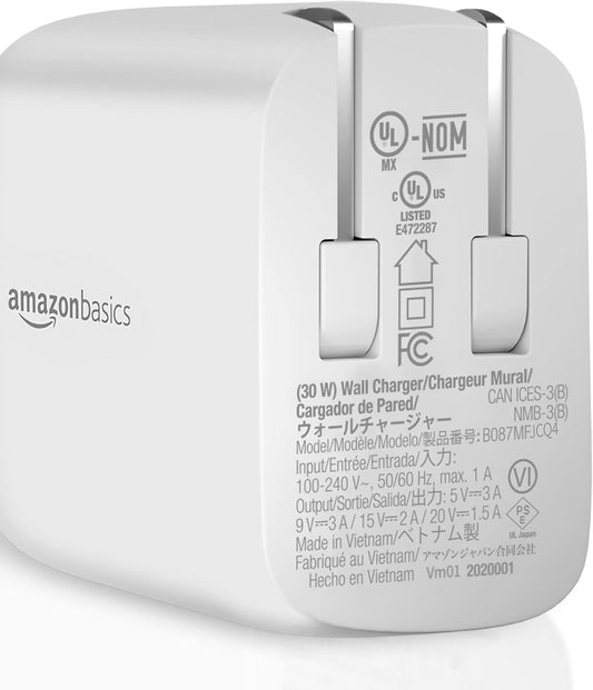 Amazon Basics 30W One-Port GaN USB-C Wall Charger with Power Delivery PD for Tablets & Phones (iPhone 16/15/14/13/12/11/X, iPad, Samsung, and More), Non-PPS, White