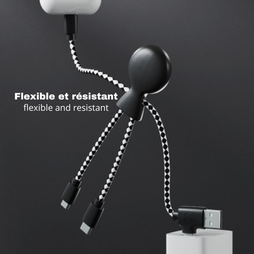 Mr Bio 4 in 1 Multi USB Cable Octopus Design Black - Universal Recycled Plastic Charger - USB Plug - USB-C - Lightning - Micro USB for Universal Smartphone