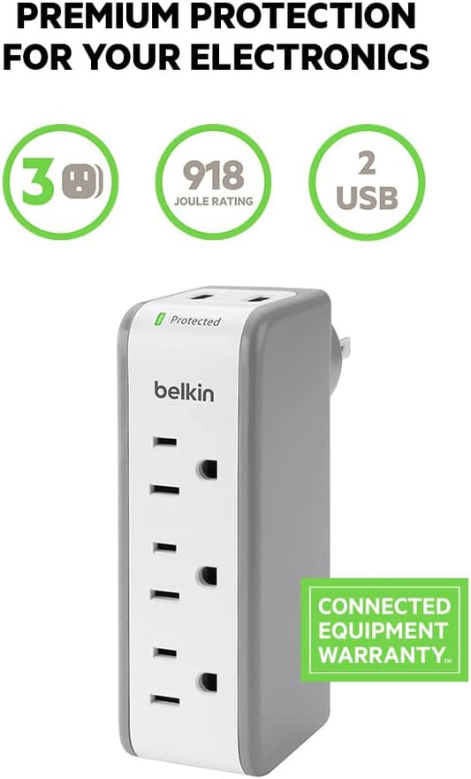 Belkin Wall Mount Surge Protector -3 AC Multi Outlets&2 USB Ports -Flat Rotating Plug Splitter - Wall Outlet Extender for Home,Office,Travel, Computer Desktop & Charging Brick (918 Joules) (Pack of 4)