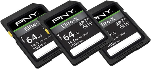 PNY 64GB Elite-X Class 10 U3 V30 SDXC Flash Memory Card - 100MB/s, Class 10, U3, V30, 4K UHD, Full HD, UHS-I, Full Size (Pack of 3)