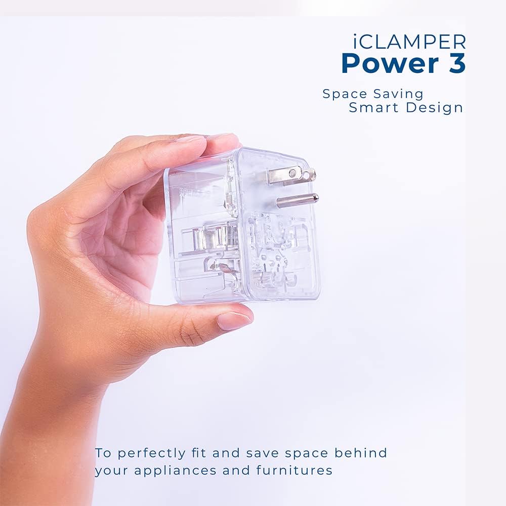 Clamper 3-Outlet Surge Protector 1800 Joules, 1875W, for TV, PC, Xbox, PS5, Refrigerators and Other Appliances (Compact Wall Surge Protector), iCLAMPER Power 3, 1-Pack Clear