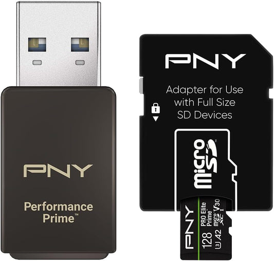 PNY 128GB PRO Elite Prime™ C10 U3 V30 A2 microSDXC Flash Memory Card & Performance Prime™ Reader – Ultra-Fast Speeds, Read 200MB/s, Write 150MB/s, 4K UHD, UHS-I, For Smartphones, Drones, Action Camera