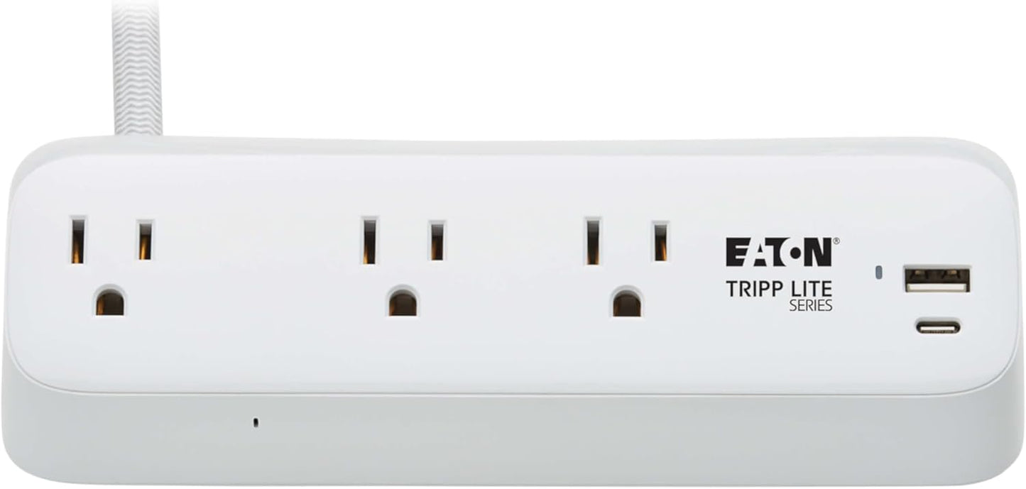 Eaton Tripp Lite Series Desk Clamp Power Strip Surge Protector, 3-Outlets, USB-A & USB-C Charging Ports, 900 Joules, 8ft Braided Flat Extension Cord, Lifetime Manufacturer's Warranty (TLP308U20CLAMP)