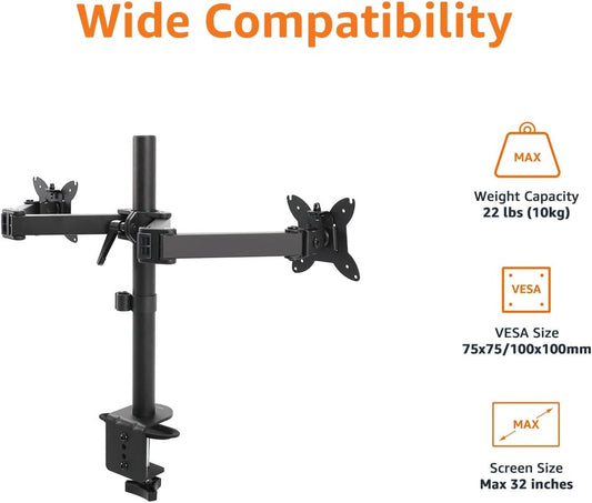 Amazon Basics Adjustable Dual Computer Monitor Arm Mount, Holds up to 32" Monitors, Black