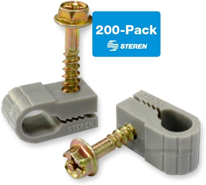 STEREN Coaxial Cable Clips - Cable Holder - Wire Clips - Siding Clips for Hanging - Cord Holder for Desk - Cable Clamps (Gray, 200 Count - Single Screw)