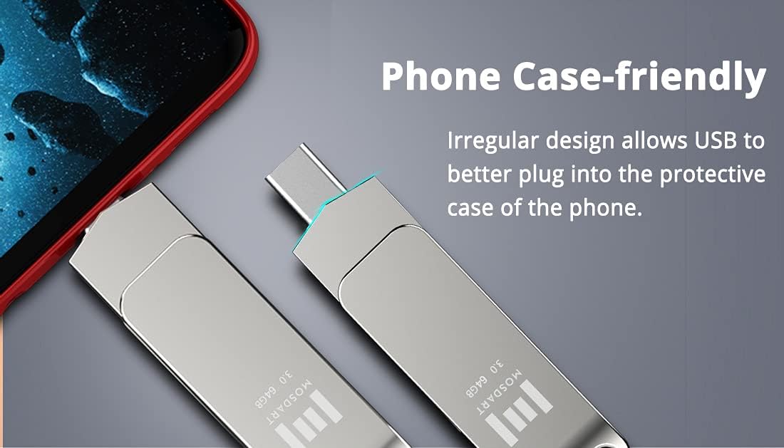 MOSDART 64GB USB3.1 Fast Speed C and A Dual Flash Drive, exFAT Memory Stick with Keychain Loop, for iPhone 15 and 16, Android Phone, iPad, MacBook, Silver(Pack of 2)