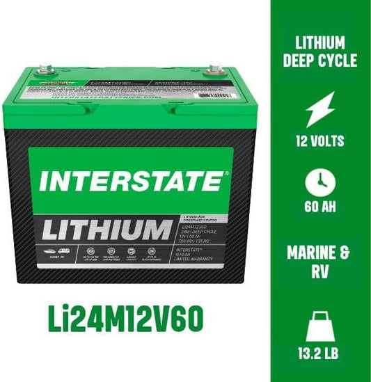 Interstate Batteries 12V 60Ah Group Size 24M Lithium Deep Cycle LiFePO4 Marine/RV Battery, Maintenance Free, Lightweight, Ideal For Boats, RV Camping, Off-Grid, Yachts (Li24M12V60)
