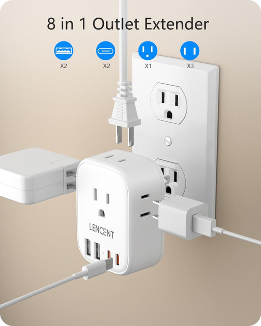 LENCENT Multi Plug Outlet Extender with USB, 4 AC Electrical Outlet Expander with 4 USB Charger Cube(2 Type C), Small Multiple Wall Tap Plug Splitter for Home Office Travel Cruise Dorm Essentials