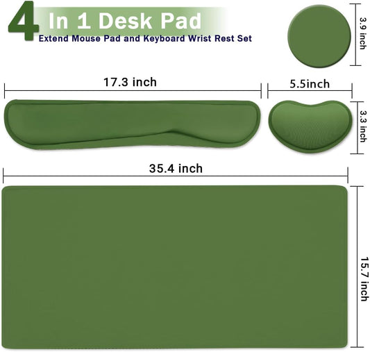 Large Keyboard Mouse Pad Set, Extended Mouse Pad+Keyboard Wrist Rest Support, Memory Foam Ergonomic Easy Typing, 4Pcs (35.4×15.11 in) Desk Pad Set for Home Office Study Game - Green