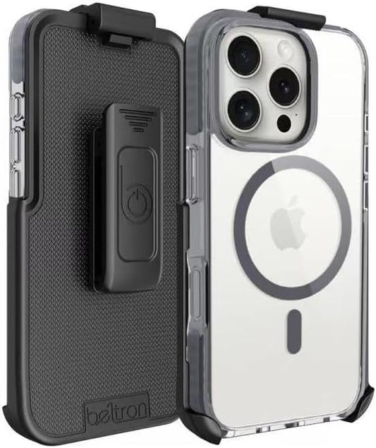 BELTRON Belt Case for iPhone 16 Pro Max, Slim Protective Transparent Case & Rotating Belt Clip Holster Combo (Compatible with MagSafe)