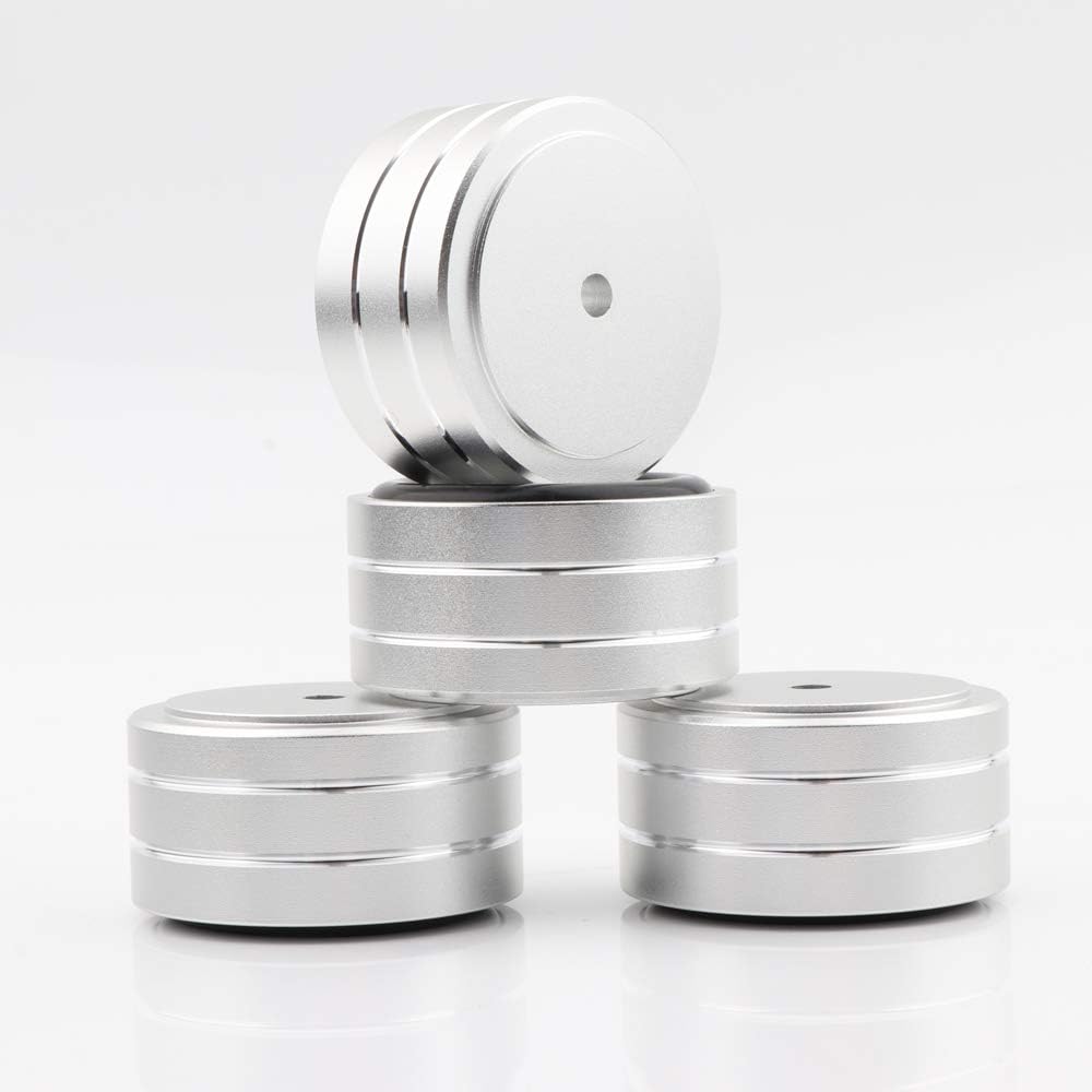 Monosaudio Isolation Feet HiFi Feet 4Pcs 40x20mm Aluminum Universal Turntable Feet with Non-Slip Rubber Rings No Need Adhesive for Audio,Speakers,Subwoofers,Home Theater,Turntable,DAC(Silver Color)