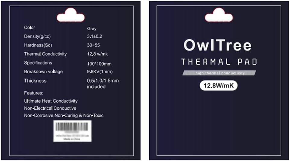 OwlTree 3 Pack Thermal Pads, 100x100mm, 0.5mm, 1mm, 1.5mm, Highly Efficient Thermal Conductivity 12.8W/mK, Heat Resistant Silicone Grease for Laptop Heatsink, CPU, GPU, SSD, IC, LED Cooler