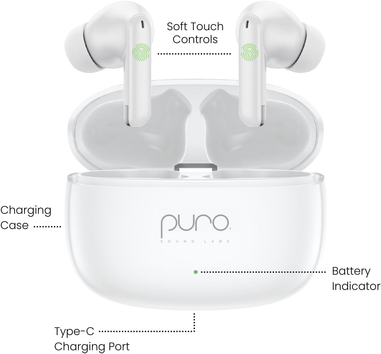 Puro Sound Labs PuroQuiet-Air Active Noise Cancelling Bluetooth Earbuds, Volume-Limited Wireless Earphones for Safe Listening, Soft Touch, Type-C Charging with Built-In Microphone & Secure Fit – White