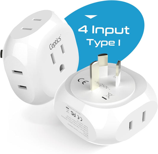 Ceptics Australia, New Zealand, China Travel Plug Adapter by - 4 Input - USA to Any Type I Countries Such as New Zealand, Argentina and More - 4 Pack (PT-16), White (PT-16-4PK)