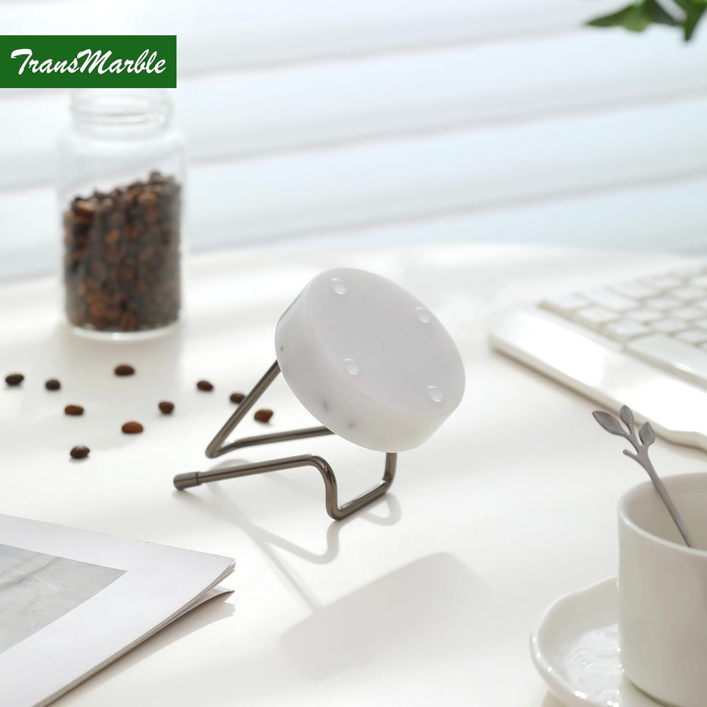 Marble Phone Stand with Metal Holder, Charging Available While Using, Swipe Up to Unlock, Made of Natural Marble as Business Card Holder for Office Desk (Starry White + Black)