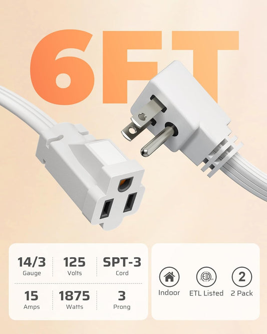 DEWENWILS Heavy Duty 6FT Extension Cord with 3-Prong Flat Plug, 15A/1875W 14/3 SPT-3 Flat Wire, Space Saving for Home Office Appliances & Electronics, ETL Listed, 2 Pack, White