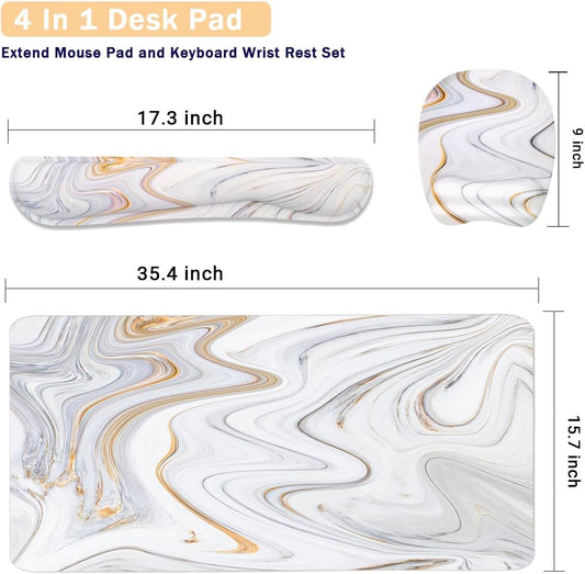 Keyboard Wrist Rest Large Mouse Pad Wrist Support for Computer, 4 in 1 Memory Foam Keyboard Pad Desk Mat Ergonomic Hand Rest Wrist Cushion for Home Office Gaming-White Marble