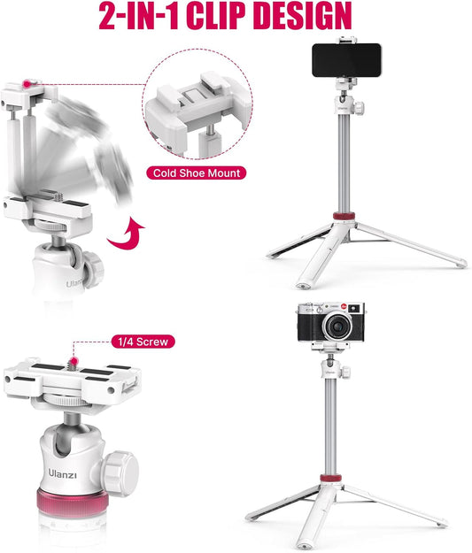 ULANZI MT-44 Extendable Phone Tripod, 59" Selfie Stick Portable Vlog Tripod Stand with 2 in 1 Phone Clip 1/4" Screw, 360° Ball Head Camera Tripod for DJI Pocket Sony Canon Action Fujifilm, White
