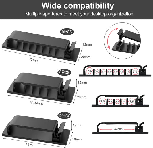 Cable Management Clips, 20Pcs Cord Organizers Wire Clips Cord Holder for TV PC Ethernet Cable Desk Home Office (Black)