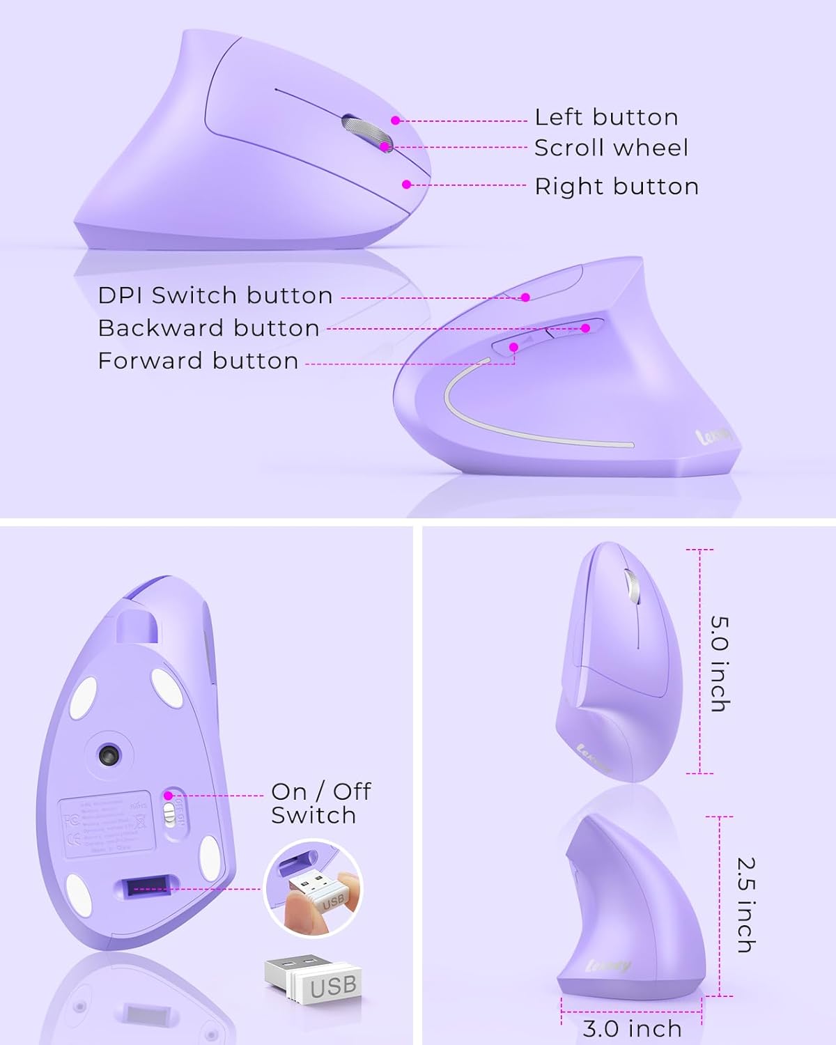 Lekvey Ergonomic Mouse, Vertical Wireless Mouse, Rechargeable 2.4G Optical Carpal Tunnel Mice with USB Receiver: 1000/1200 / 1600 DPI, 6 Buttons, for Laptop, Computer, PC, Desktop, Light Purple