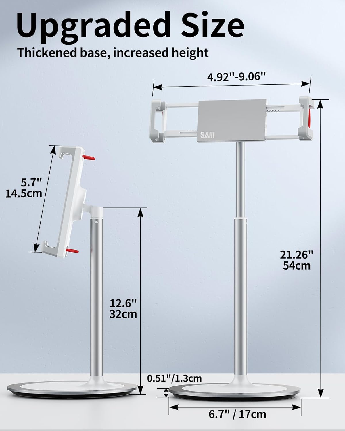 SAIJI Tablet Stand Holder, Height Adjustable Portable Monitor Stand, 360 Degree Rotating, Aluminum Alloy Cradle Mount Dock for 4.7"-15.6" Screen iPhone Samsung, iPad, Kindle, eBook Reader (Silver)