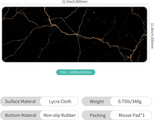 Dynippy Thin Extended Gaming Mouse Pad (31.5 * 11.8 * 0.08 inch) with Stitched Edges Large Mousepad Long XXL Keyboard and Mouse pad Desk Mat for Gaming Office & Home - Black Gold Marble