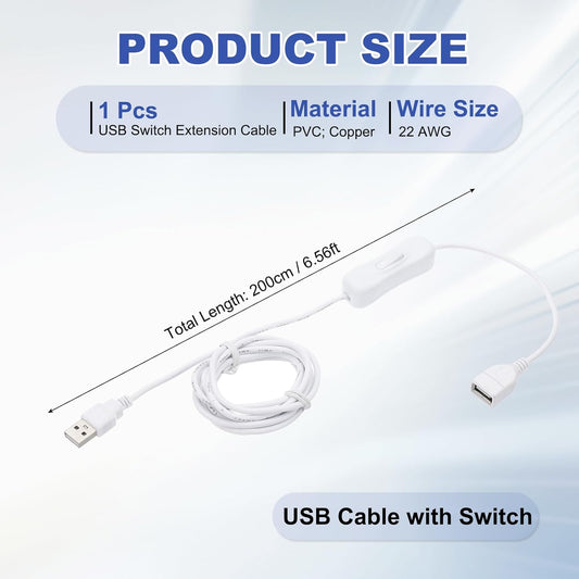 MECCANIXITY USB Cable with ON/Off Toggle Switch, USB Male to Female Extension Cord Inline Switch 2.0m White, for LED Desk Lamp LED Strip