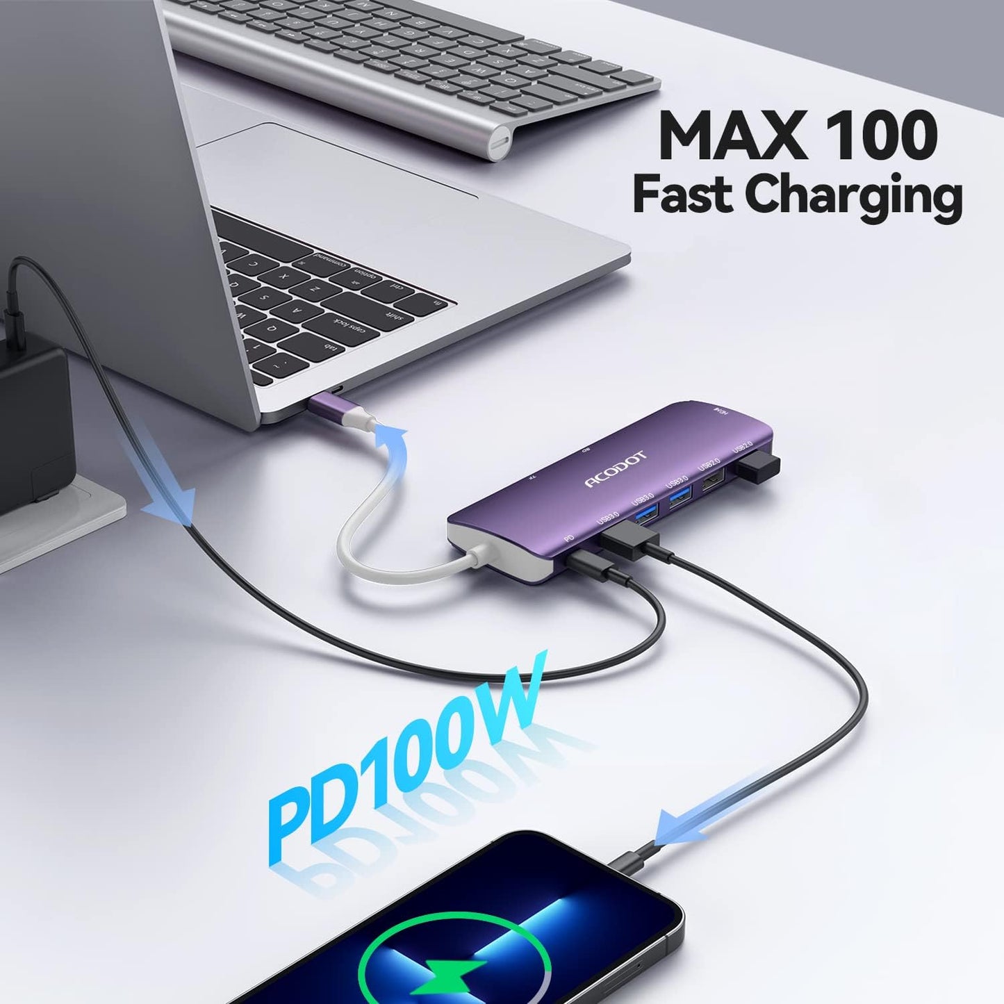 Acodot 9 in 1 USB C Hub - 4K@60Hz HDMI Adapter, 3 USB 3.0 Ports, SD/TF Card Reader, 100W PD, Multiport Adapter for MacBook Pro, Air, HP, XPS, Purple