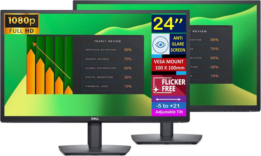Dell 24" FHD VA (1920x1080) 60Hz Flicker Free Monitor, Anti-Glare Display, 1 x DisplayPort, 1 x VGA, VESA Mount (100x100mm), Home & Business, Black (2025) & ErgoFlexy Dual Monitor Mount(2Pack)