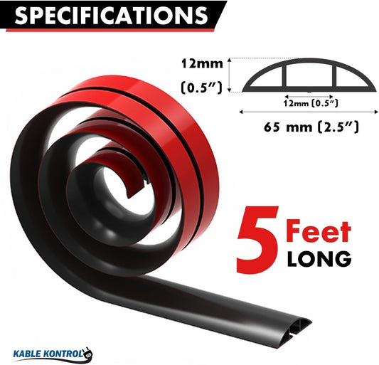 Kable Kontrol Silicone Floor Cord Cover - 5 Ft Flexible Cord Protector, Self Adhesive, for Concealing Extension Cable, Protecting Wires, Prevents Trips – 2.5in W X 0.5in H - 5 Pcs - Black