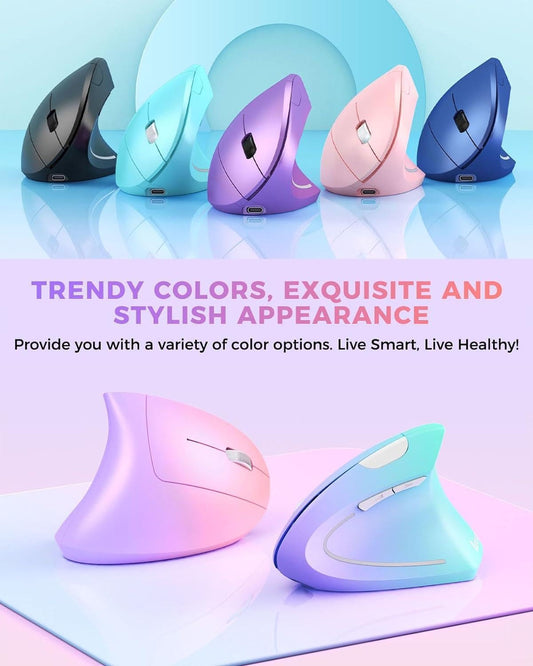 Lekvey Ergonomic Mouse, Vertical Wireless Mouse Rechargeable 2.4 GHz Optical Carpal Tunnel Mouse : 800/1200 / 1600 DPI, 6 Buttons, for Laptop, PC, Computer, Desktop, Notebook etc, Pink to Purple