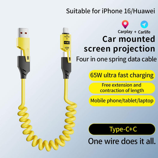 4 in 1 Spring Fast Charging Cable (2Pack), 65W USB-C PD Multi Fast Charging, 1.2m/4ft Coiled Retractable Cable for iPhone Samsung Laptop - Yellow+Green