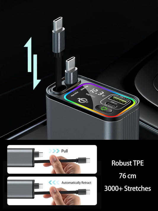 Retractable Car Charger USB C,145W Type C Car Charger Fast Charging with Dual Retractable USB C Cable and USB Ports, Compatible with iPhone 16/15,S25/24/23/22, Pixel 9/8/7