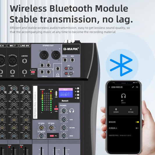 G-MARK MR80S Audio Mixer Interface USB Bluetooth Mixing Console 8 Channel 48V Phantom Power Sound Board Music Reverb For PC Stage DJ Studio Sound Controller Analog Mixer