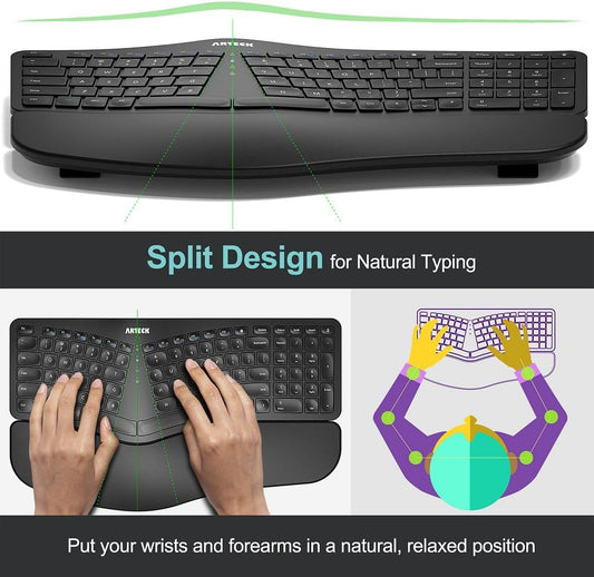 Arteck Split Ergonomic Keyboard with Cushioned Wrist and Palm Rest, 2.4G USB Wireless Comfortable Natural Ergonomic Split Keyboard, for Windows Computer Desktop Laptop