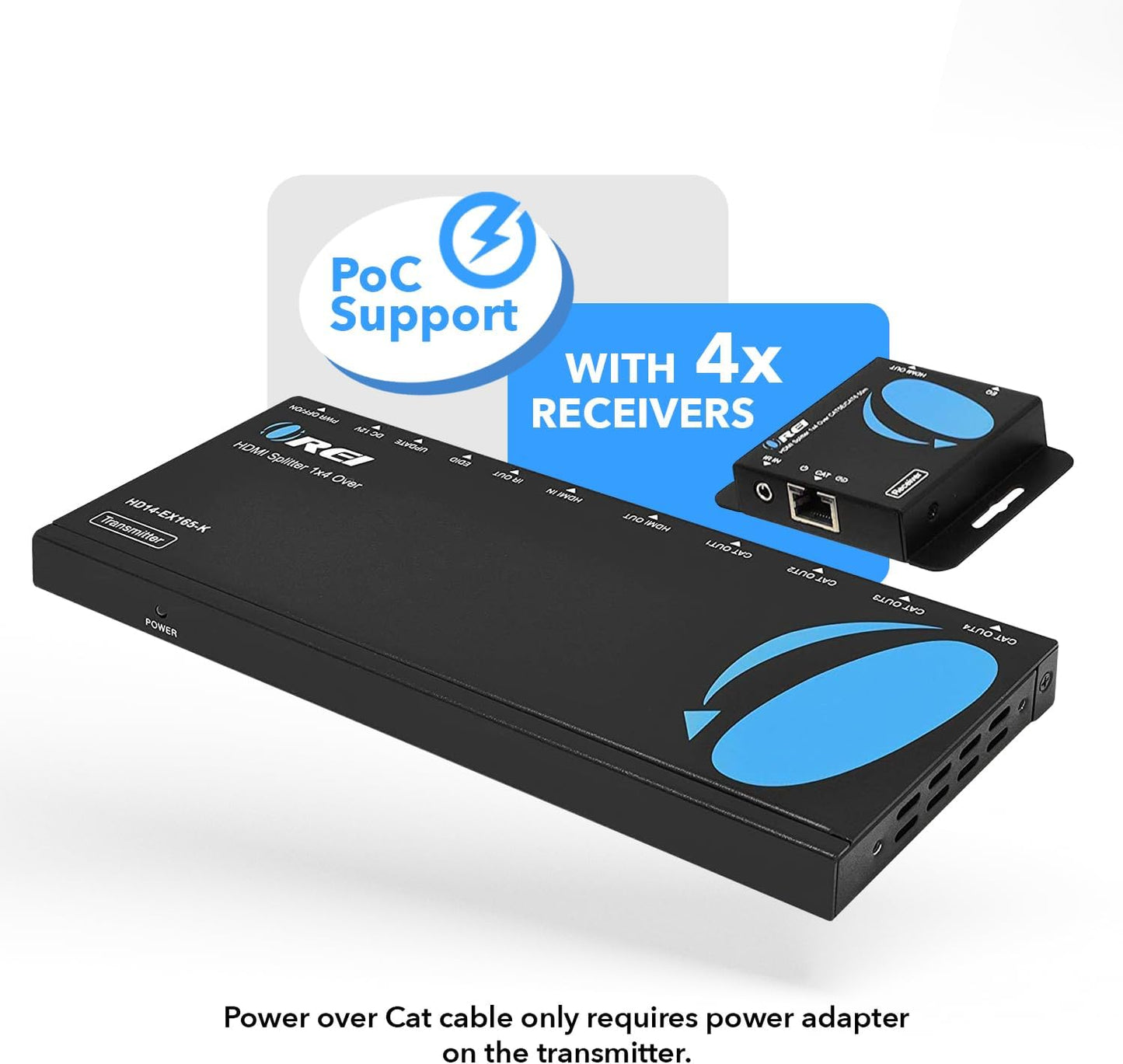 OREI 4K 1x4 HDMI Extender Splitter Over CAT6/7 Ethernet Cable Up to 4K@30Hz upto 165 ft-1080P@60Hz upto 230 ft, IR control, EDID, HDMI Loop Out (HD14-EX165-K)