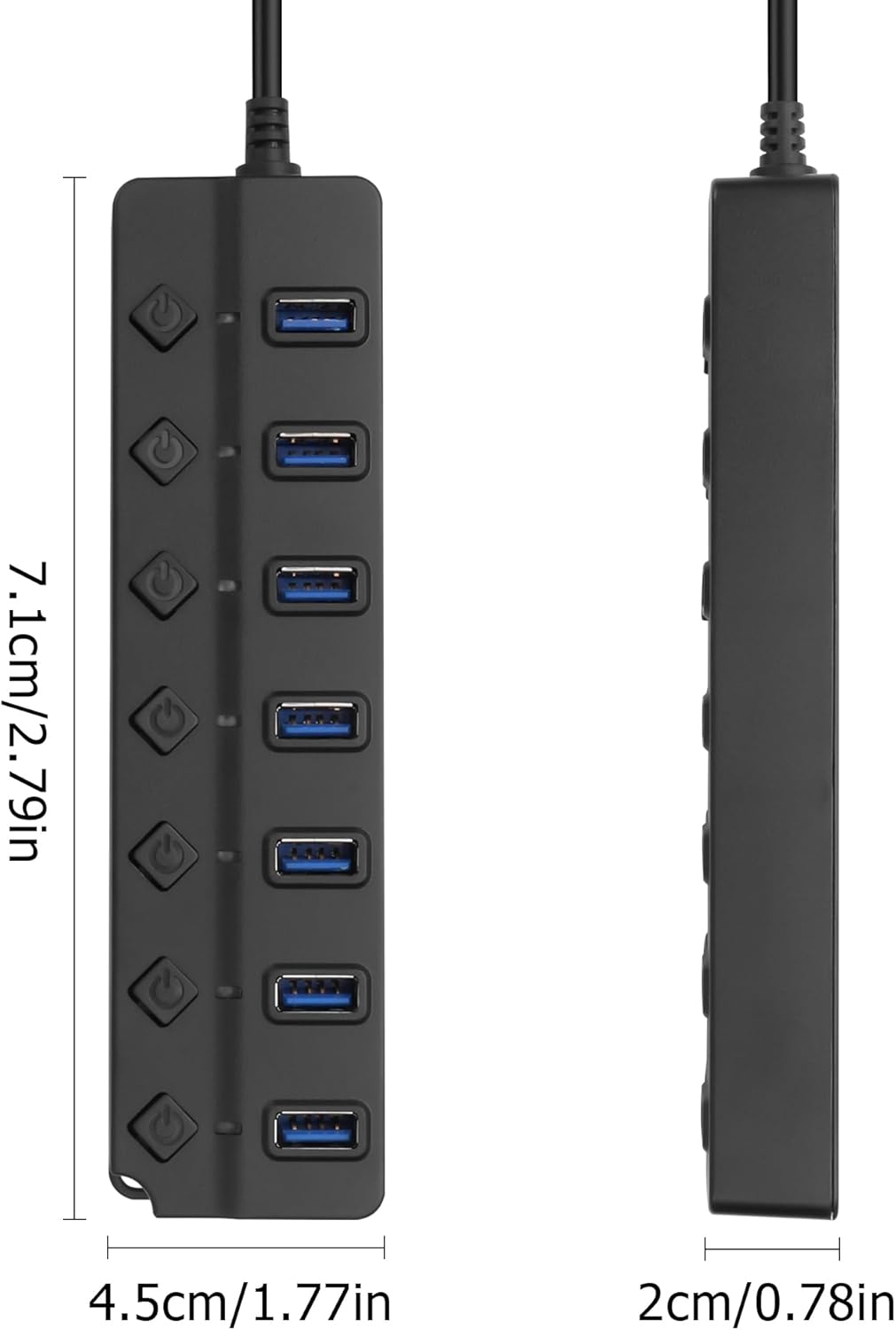 90 Degree USB Hub Splitter YACSEJAO USB 2.0 Data Hub with Individual LED Button On/Off Switch DC5.5 * 2.1 Power Port for Laptop,PC Computer (7 Ports, 0.3M)