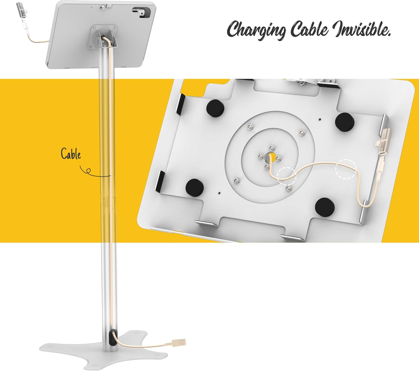Tablet Floor Stand Compatible with 10.2" iPad 7 8 9, Rotate Lockable Metal Tablet Enclosure+Aluminum Pole+Metal Base - BSF302WT