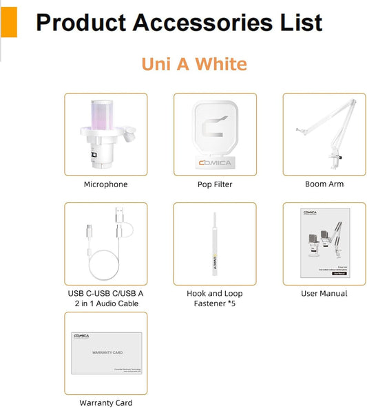 COMICA EJoy Uni A USB Microphone for Computer and Smartphone,RGB Cardioid Condenser Gaming Mic for Podcasting,Streaming,Recording,Music Creation,with Boom Arm Stand-White