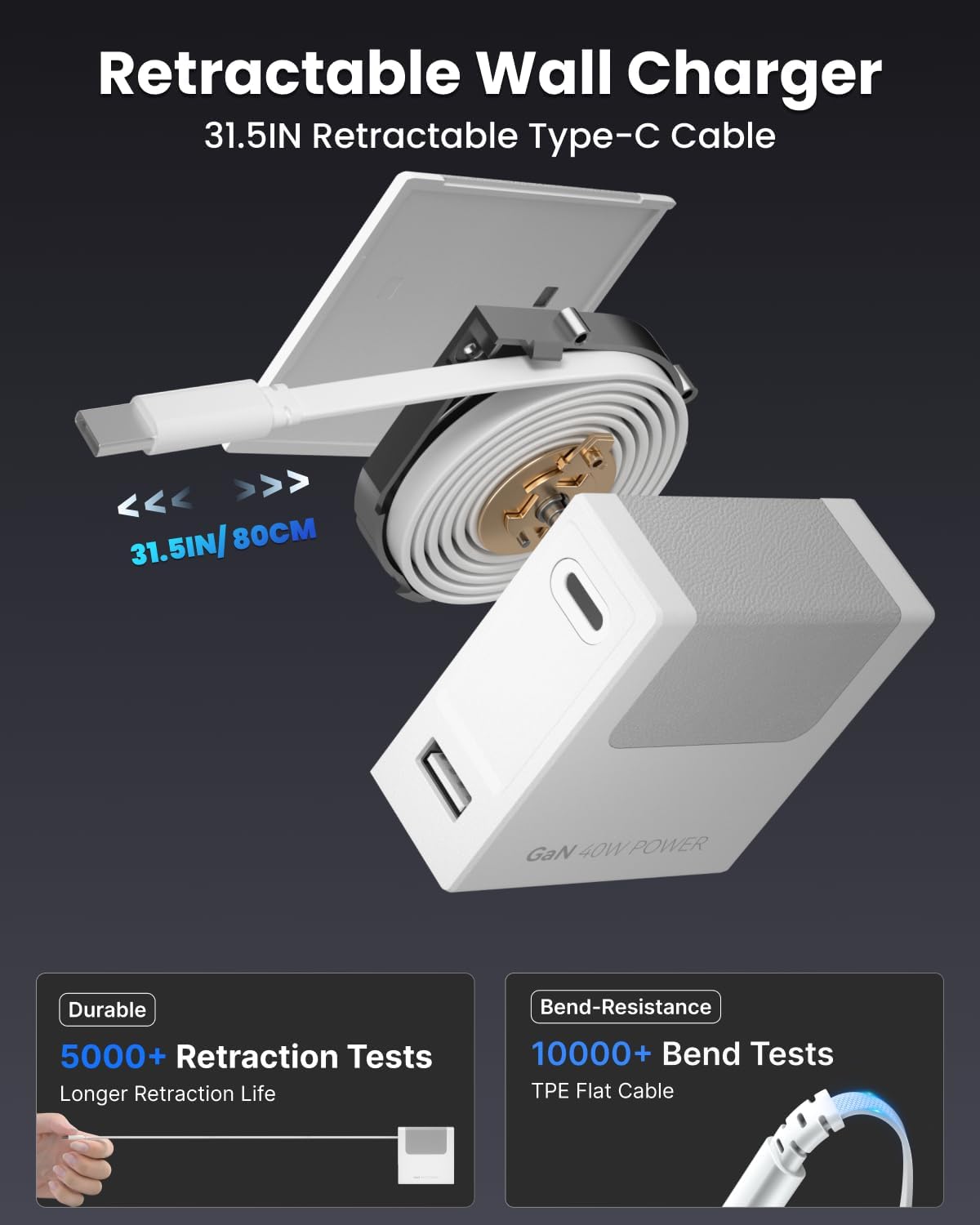 Gitryin 1 Type-C Retractable Wall Charger with USB A Port and 11-in-1 Desktop Charging Station with 3 Type-C Retractable Wall Chargers