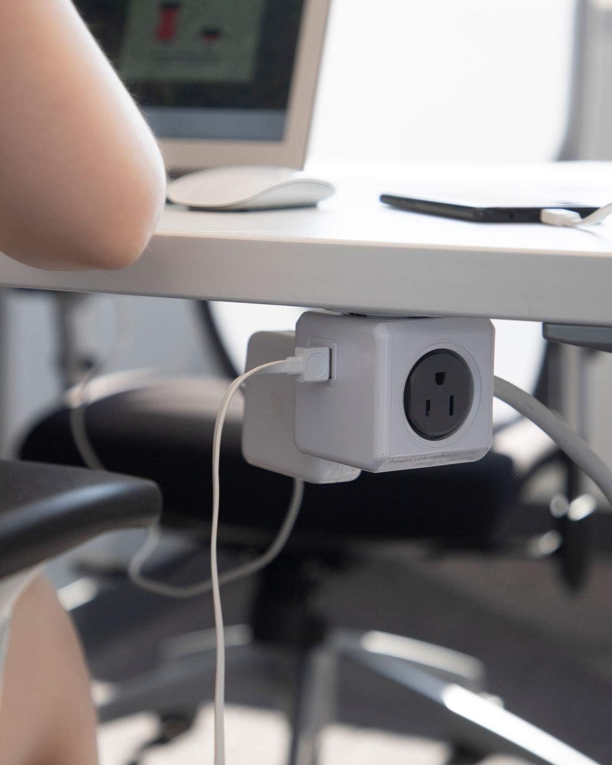 Allocacoc, PowerCube |ExtendedUSB|, 4 outlets, 2 USB Ports, 5 feet cable, Mounting dock, Surge Protection, Childproof Sockets, ETL Certified (Blue)