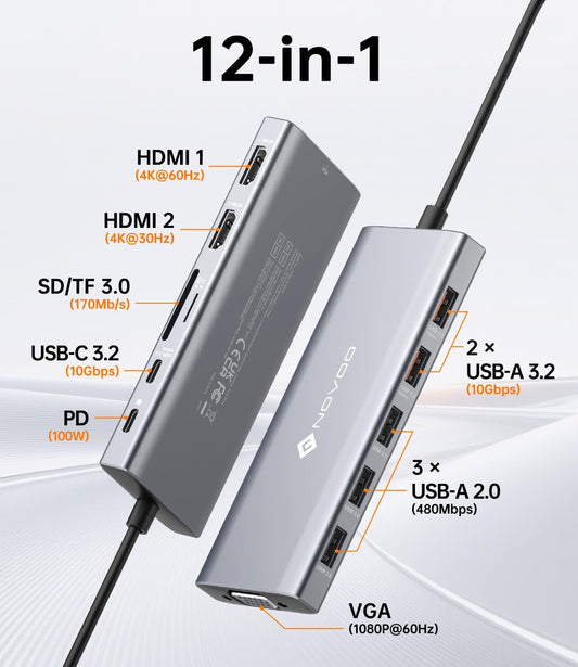 NOVOO USB C Docking Station Dual Monitor, 12-in-1 USB C Hub with HDMI 4K, VGA, USB 10Gbps, SD/TF, 100W PD, Multiport Adapter Compatible with MacBook Dell HP Surface