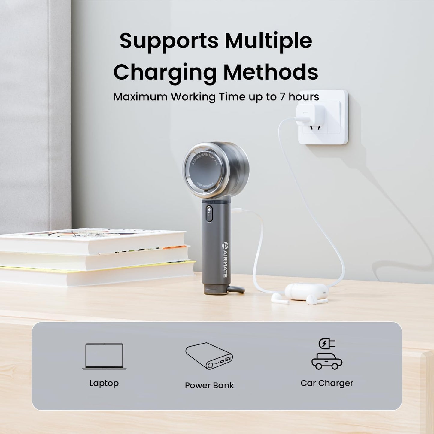 AIRMATE Portable Handheld Fan, 5 Wind Speed Adjustable, 3000mAh Battery Rechargeable, Durable Motor, 13000RPM Super Powerful Wind, Personal Turbo Hand Held Mini fan for Makeup/Travel/Outdoor (Grey)