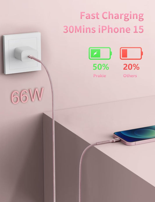 USBC Cables 6FT, 2Pack USB C to USB C Charger Cable, Long USB C Fast Charging Cable Nylon Braided USBC iPhone Charger Cord Compatible with iPhone 16/15/Pro Max/PlusSamsung Galaxy S23/LG/Switch-Pink