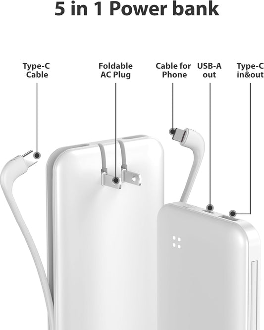 Alongza Portable Charger Built-in Cables and AC Wall Plug, Slim Fast Charging Power Bank 10000mAh, Lightweight USB C External Battery Pack Compact Travel Cell Phone Charger, 2 Pack Black & White